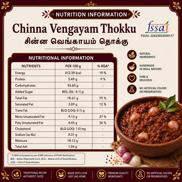 Nutrition information label for Chinna Vengayam Thokku (Indian curry) by FSSAI, featuring a detailed nutritional table, product benefits, and a bowl of the prepared curry with garlic and turmeric.