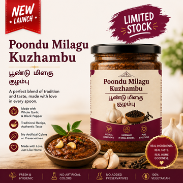 A jar of Poondu Milagu Kuzhambu chili paste displayed on a warm beige background with promotional text, ingredient icons, and food styling including a bowl of prepared food, garlic, and peppercorns.